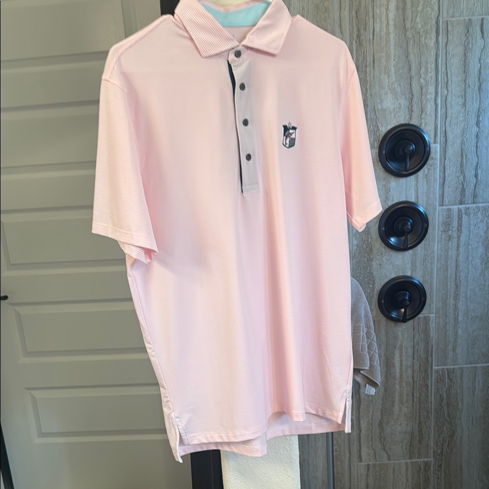 Greyson Polo Shirt Mens Pink and White With Logo See measurements for Size